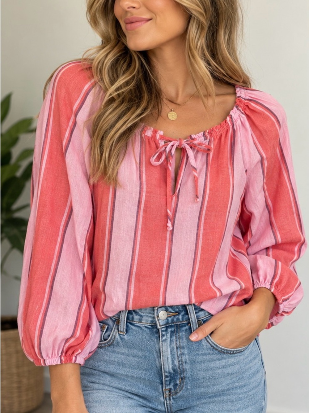 NWT Old Navy Striped Peasant Blouse Pink Coral 100% Cotton Boho S